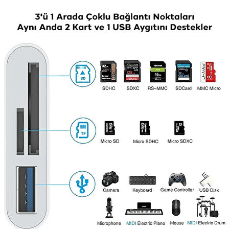 ALLY NK-103PRO Type-c/Lightning to SD-TF Kart Çevirici USB Kamera Okuyucu Adaptör