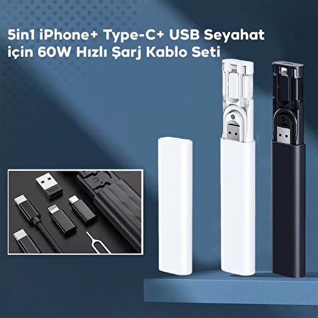 Coofbe Tüm Cihazlar İçin 6in1 60W Hızlı Şarj Kablo Seti Kutulu Seyahat Şarj Seti  iPhone+ Type-C+USB