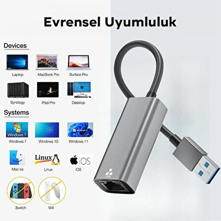 Coofbe Gösterge Işıklı Kontrol Çipli USB to RJ45 Dönüştürücü USB 3.0 TO 2.5 Gbps Ethernet Kablosu 