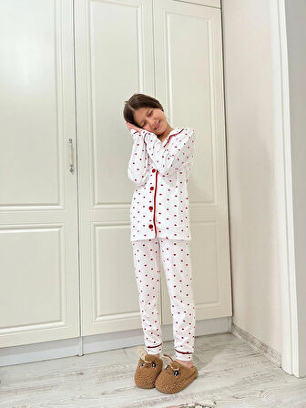 Kız Çocuk Kalpli Önden Düğmeli Pamuklu Pijama Takımı 7/8-8/9-9/10 YAŞ