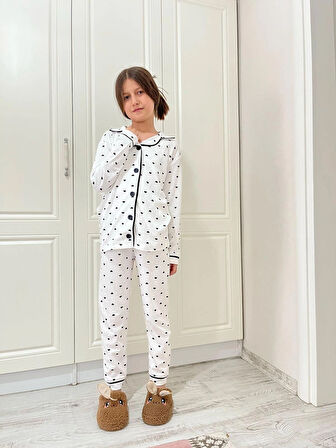 Kız Çocuk Kalpli Önden Düğmeli Pamuklu Pijama Takımı 7/8-8/9-9/10 YAŞ
