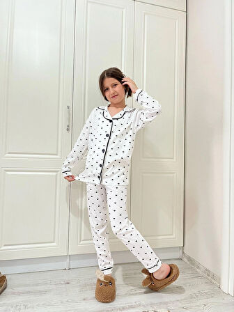 Kız Çocuk Kalpli Önden Düğmeli Pamuklu Pijama Takımı 7/8-8/9-9/10 YAŞ