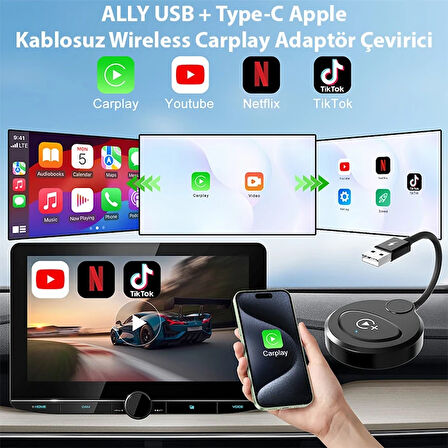 ALLY USB + Type-C Apple Kablosuz Wireless Carplay Adaptör Çevirici