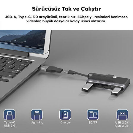 Coofbe 6in1 Lightning Type-C Dönüştürücü Hub Hızlı Veri Aktarım Kart Okuyucu Sd Tf Type-C Çevirici