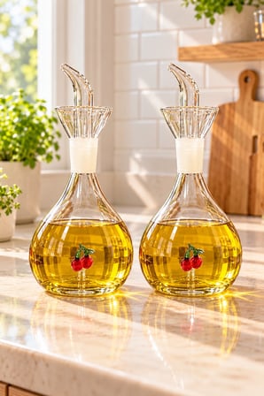Kirazlı 2 Adet 900 ml Borosilikat Tombul Cam Yağdanlık ve Mermer Stantlı – Yağlık Sirkelik Seti