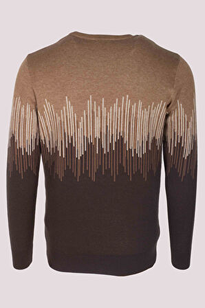 Erkek Triko Camel Bisiklet Yaka Desenli Slim Fit Pamuklu Kazak 3723