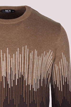 Erkek Triko Camel Bisiklet Yaka Desenli Slim Fit Pamuklu Kazak 3723