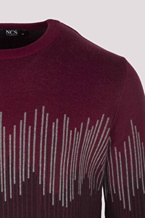 Erkek Triko Bordo Bisiklet Yaka Desenli Slim Fit Pamuklu Kazak 3723