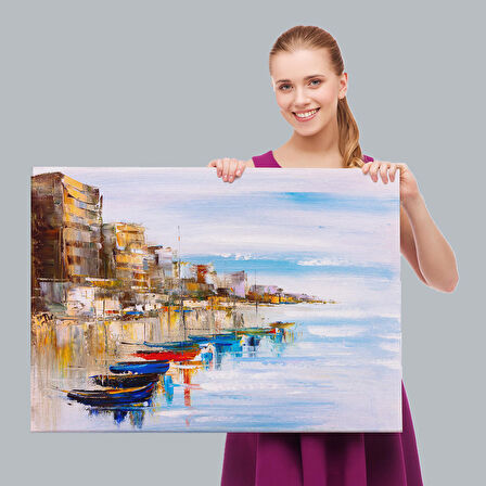 Sahildeki Renkli Tekneler Dekoratif Kanvas Duvar Tablosu-3723