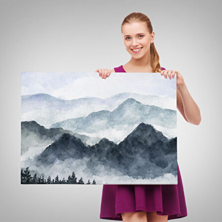 Dağ Manzaralı Suluboya Görünümlü Dekoratif Kanvas Duvar Tablosu-3724