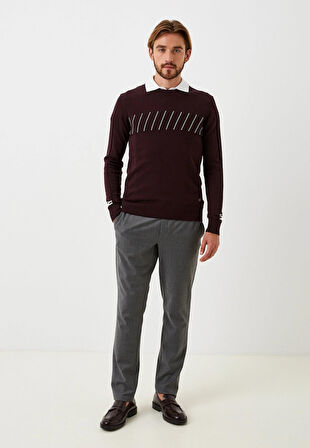 Erkek Triko Bordo Bisiklet Yaka Desenli Slim Fit Pamuklu Kazak NCS JEANS 3725