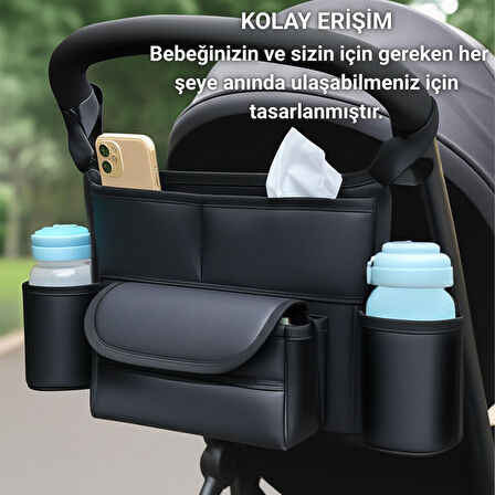 Polham Pratik 8 Bölmeli Çok Fonksiyonlu Bebek Arabası İçin Organizer Çanta, Biberen, Bez, Telefon Tutucu Çanta