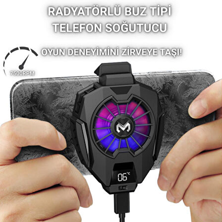 Polham 7500RPM Buz Tipi Radyatörlü Led Işıklı Telefon Soğutucu Fan, Sıcaklık Göstergeli Sessiz Soğutucu