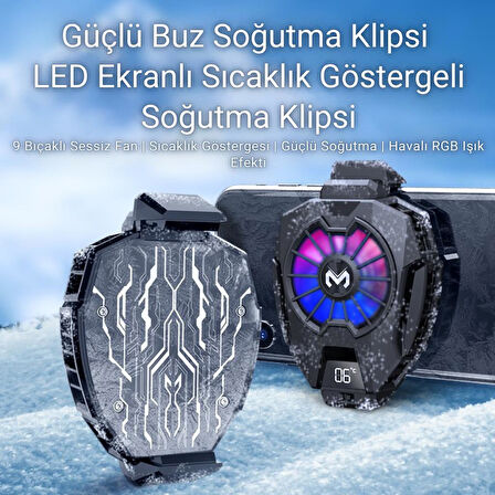 Polham 7500RPM Buz Tipi Radyatörlü Led Işıklı Telefon Soğutucu Fan, Sıcaklık Göstergeli Sessiz Soğutucu