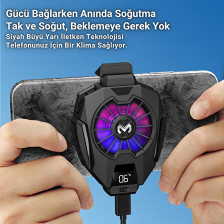 Polham 7500RPM Buz Tipi Radyatörlü Led Işıklı Telefon Soğutucu Fan, Sıcaklık Göstergeli Sessiz Soğutucu