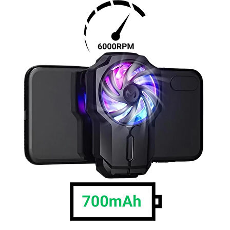 Polham 700mAh Şarjlı RGB Işıklı Sessiz 6000RPM Telefon Soğutucu Fan, Universal 3 Vitesli Süper Soğutucu