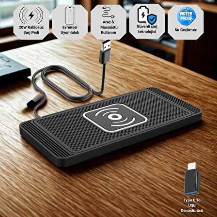 Polham 20W Süper Hızlı Kaymaz Kauçuk Kablosuz Şarj Aleti, Araç ve Masaüstü Kullanıbilir, Su Geçirmez Şarj Pedi