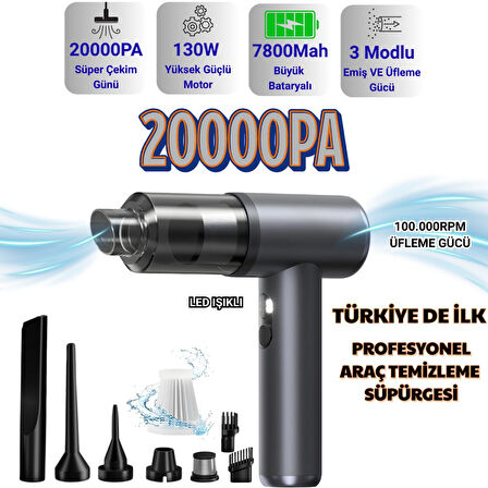 Polham 130W 20.000PA 7800Mah Şarjlı Profesyonel Araç Süpürgesi, Led Işıklı Oto Süpürge ve Üfleme Makinası