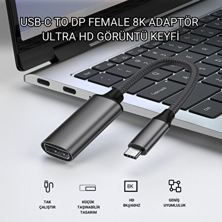 Polham Type C To Displayport Adaptör 8K UHD 60Hz | Dayanıklı Örgü Kablo | Tak-Çalıştır 8K DP Kablosu