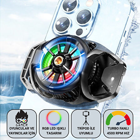 Polham Oyuncular ve Yayıncılar İçin Telefon Soğutucu | RGB LED Işıklı Tasarım | 4500 RPM Turbo Fan | Tripod Uyumlu Sessiz Soğutma