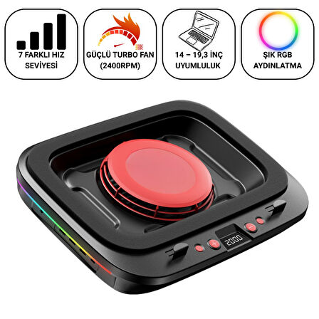 Polham 7 Kademeli Turbo Fanlı RGB Laptop Soğutucu | 2400 RPM Güçlü Soğutma | 14-19.3” Uyumlu Stand