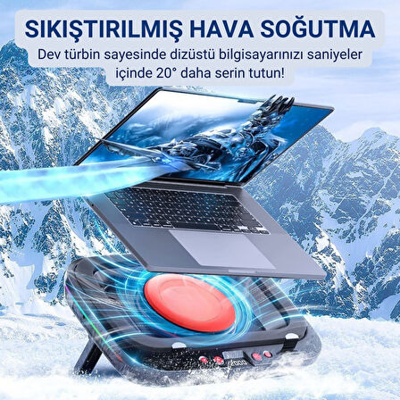 Polham 7 Kademeli Turbo Fanlı RGB Laptop Soğutucu | 2400 RPM Güçlü Soğutma | 14-19.3” Uyumlu Stand