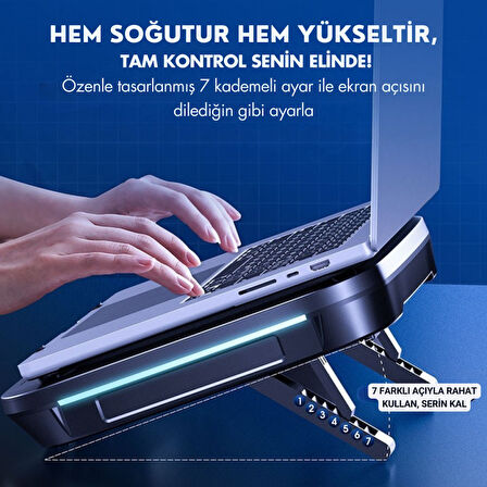 Polham 7 Kademeli Turbo Fanlı RGB Laptop Soğutucu | 2400 RPM Güçlü Soğutma | 14-19.3” Uyumlu Stand