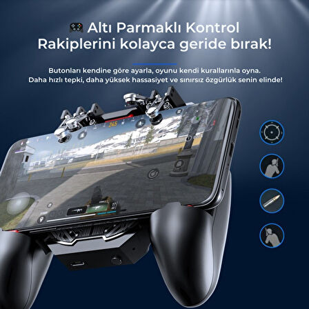 Polham 6 Parmak Kontrollü Radyatörlü Soğutmalı 4000mAh Bataryalı Profesyonel Oyun Gamepadi – PUBG, COD, Free Fire ve Tüm Mobil Oyunlar İçin