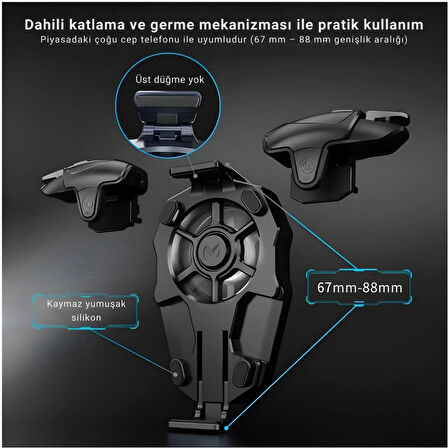 Polham RGB Işıklı 2si 1 Arada Oyun Tetik ve Telefon Soğutucu – 6000 RPM Süper Fan, 400mAh Batarya, PubG ve Call of Duty Uyumlu