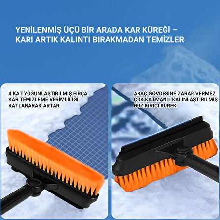 Polham Teleskopik Kar Süpürgesi ve Buz Kazıyıcı | Yüzey Çizmez Fırça | Araç Camı & Kaput Temizleme Aparatı