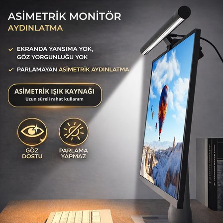 Polham Profesyonel 50 CM Ayarlanabilir LED Monitör Işığı, Göz Korumalı Renk Sıcaklığı Ayarlı Alüminyum Monitör Lambası