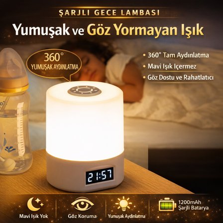 Polham 1200mAh Şarjlı Saatli Dokunmatik LED  Masa Lambası, 3 Işık Modlu,  Parlaklık Ayarlı Gece Lambası
