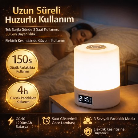 Polham 1200mAh Şarjlı Saatli Dokunmatik LED  Masa Lambası, 3 Işık Modlu,  Parlaklık Ayarlı Gece Lambası