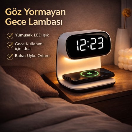 Polham 15W Kablosuz Şarjlı LED Masa Lambası Saat | Alarm Özellikli Dijital Saat | Gece Lambası | LED Ekran