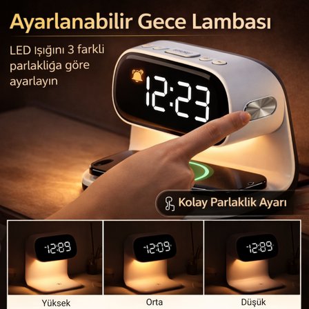 Polham 15W Kablosuz Şarjlı LED Masa Lambası Saat | Alarm Özellikli Dijital Saat | Gece Lambası | LED Ekran