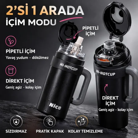 Polham Premium Pipetli Termos 1250 ML – 6 Katman Yalıtım, Çift İçim Modu, Sızdırmaz Kapak, 24 Saat Soğuk / 12 Saat Sıcak