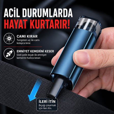 Polham 2in1 Araç İçi Acil Durum Cam Kırıcı ve Emniyet Kemeri Kesici – Tungsten Çelik Uçlu Güvenlik Aparatı Siyah