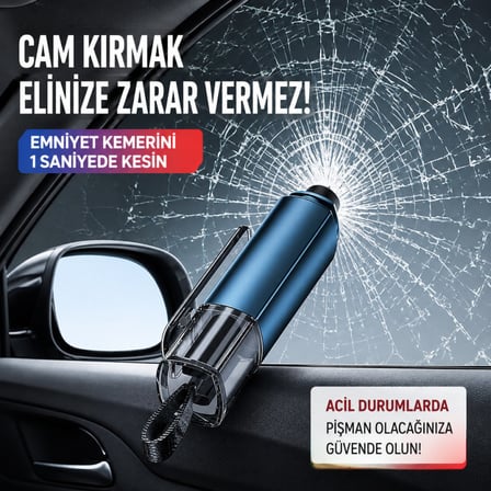 Polham 2in1 Araç İçi Acil Durum Cam Kırıcı ve Emniyet Kemeri Kesici – Tungsten Çelik Uçlu Güvenlik Aparatı Siyah