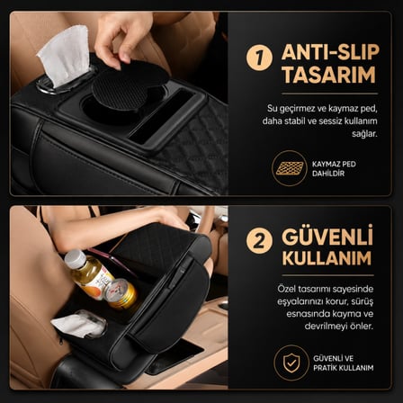 Polham Premium Araç Kol Dayama Organizeri Telefonluk, Bardaklık Saklama Bölmeli ve Peçetelik Organizer