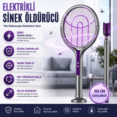 Polham 105 CM Uzatılabilir Elektrikli Sinek Öldürücü Raket, Şarjlı 2800V Yüksek Voltajlı, 360 Dönebilen Başlıklı Sinek Öldürücü