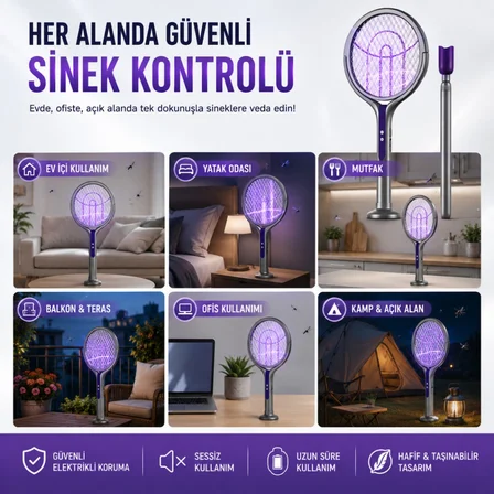 Polham 105 CM Uzatılabilir Elektrikli Sinek Öldürücü Raket, Şarjlı 2800V Yüksek Voltajlı, 360 Dönebilen Başlıklı Sinek Öldürücü