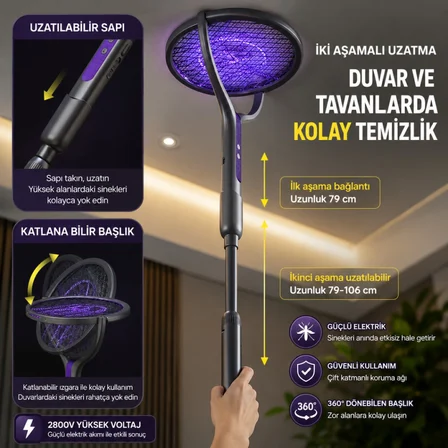 Polham 105 CM Uzatılabilir Elektrikli Sinek Öldürücü Raket, Şarjlı 2800V Yüksek Voltajlı, 360 Dönebilen Başlıklı Sinek Öldürücü