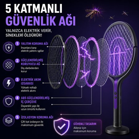 Polham 105 CM Uzatılabilir Elektrikli Sinek Öldürücü Raket, Şarjlı 2800V Yüksek Voltajlı, 360 Dönebilen Başlıklı Sinek Öldürücü