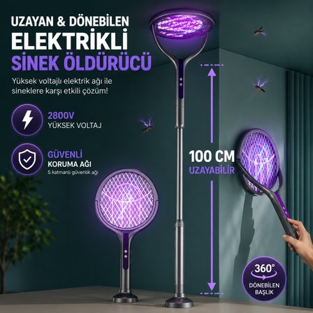 Polham 105 CM Uzatılabilir Elektrikli Sinek Öldürücü Raket, Şarjlı 2800V Yüksek Voltajlı, 360 Dönebilen Başlıklı Sinek Öldürücü