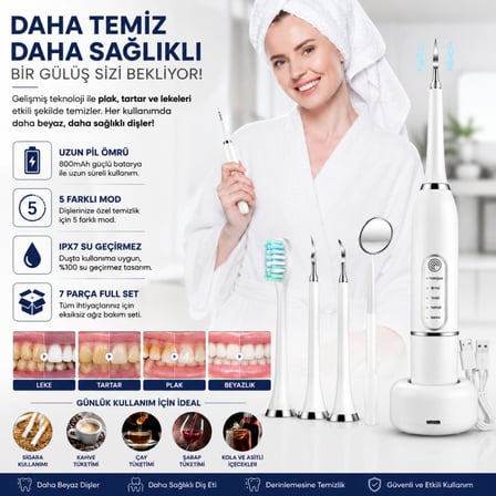 POLHAM 7 Parça Elektrikli Diş Fırçası ve Ağız Bakım Seti – 5 Modlu, 800mAh Şarjlı, IPX7 Su Geçirmez