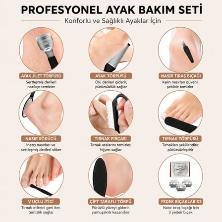 Polham Şarjlı 9 Parça Ayak Bakım Törpüsü - Led Işıklı - Islak ve Kuru Kullanım - 2 Kademeli - Dönen Başlıklı