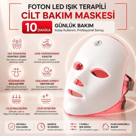 Polham 7 Renk LED Işık Terapili Cilt Bakım ve Yüz Gençleştirme Maskesi – Akne, Leke ve Kırışıklık Bakımı