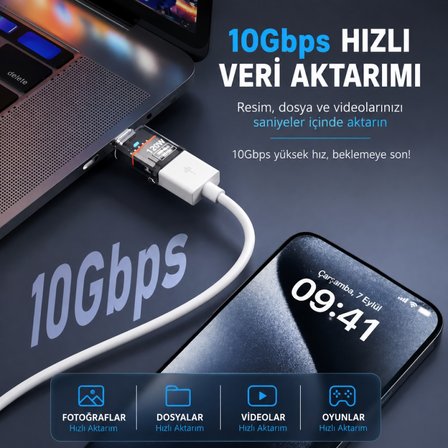 Polham Type-C to USB 3.2 Gen2 Dönüştürücü Adaptör 120W Hızlı Şarj 10Gbps Veri Aktarımı OTG Şeffaf