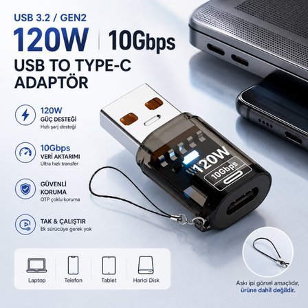 Polham USB to Type-C Dönüştürücü Adaptör 120W Hızlı Şarj 10Gbps Veri Aktarımı USB 3.2 Gen2 OTG Şeffaf