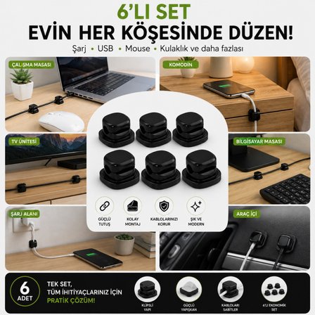 Polham 6’lı Set Klipsli Kablo Tutucu – Yapışkanlı Masaüstü Kablo Düzenleyici, Şarj USB Mouse Kulaklık Kablo Sabitleyici
